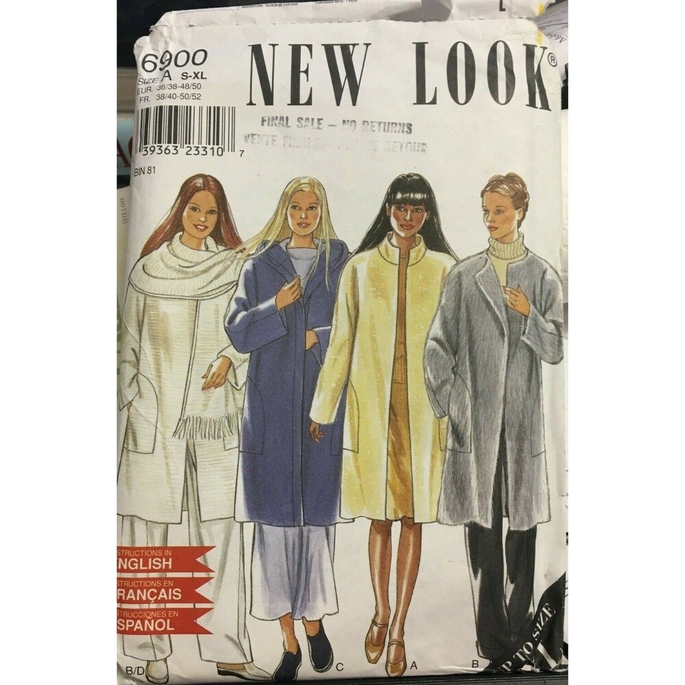 New Look Sewing Pattern Coats S-XL 6900 Uncut New Free Shipping